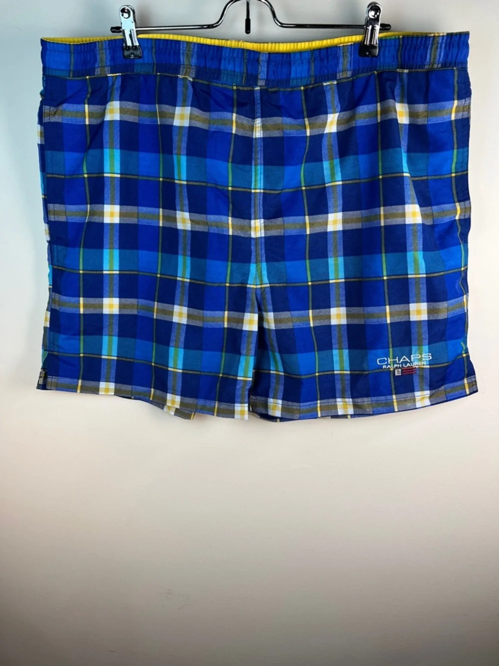 Ralph Lauren Blue Plaid Swim Trunks with Yellow Accents
